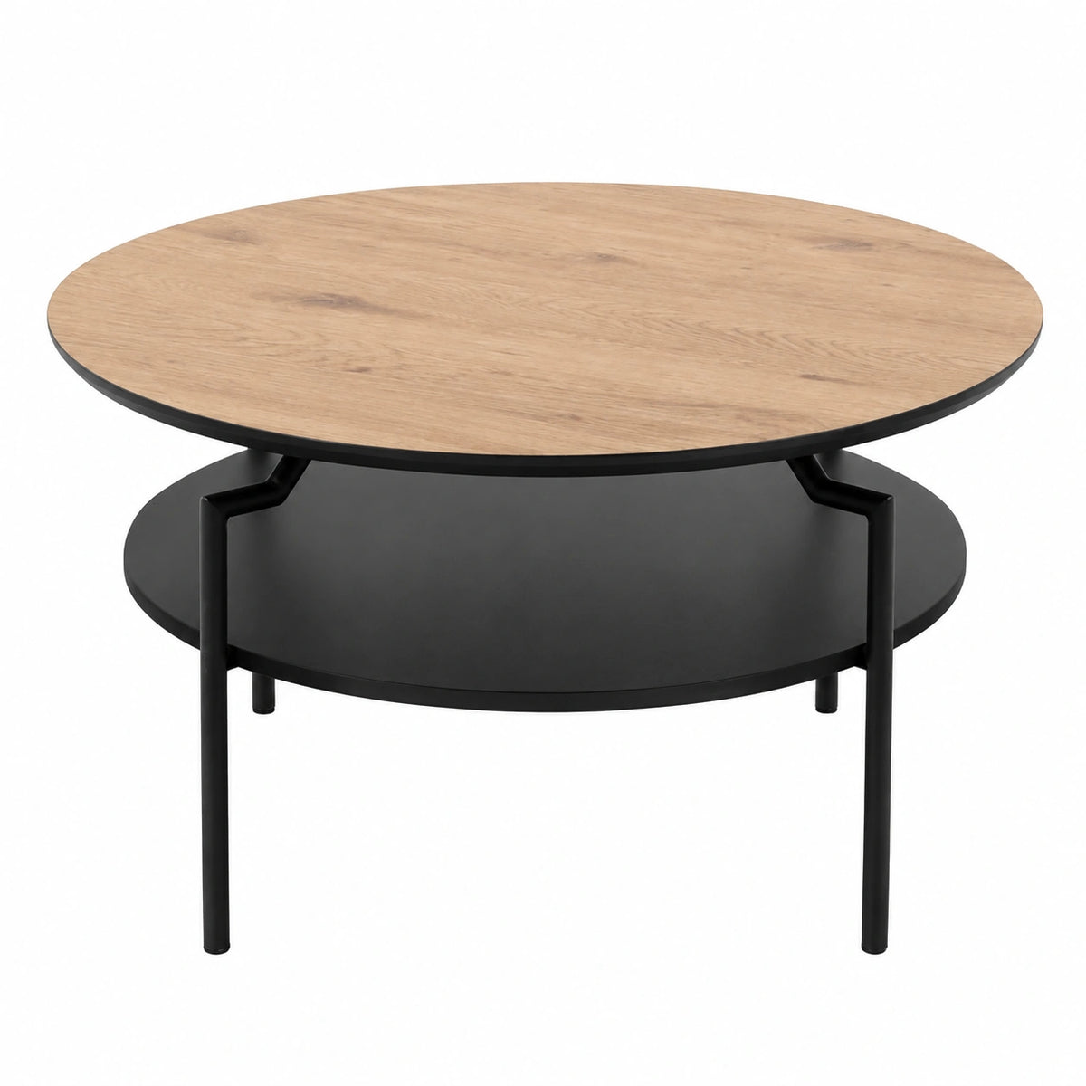 Couchtisch – Ø 80 cm, runde Form, mit Ablagen, aus Eichenholz, Schwarz
