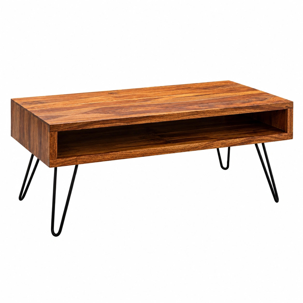Couchtisch – 100 cm, Industriestil, rechteckige Form, mit Ablagen, aus Massivholz, Braun