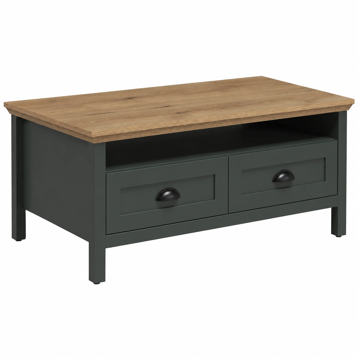 Couchtisch – 101 × 45 × 60 cm, Landhausstil, mit Schubladen, mit Ablagen, aus Eichenholz