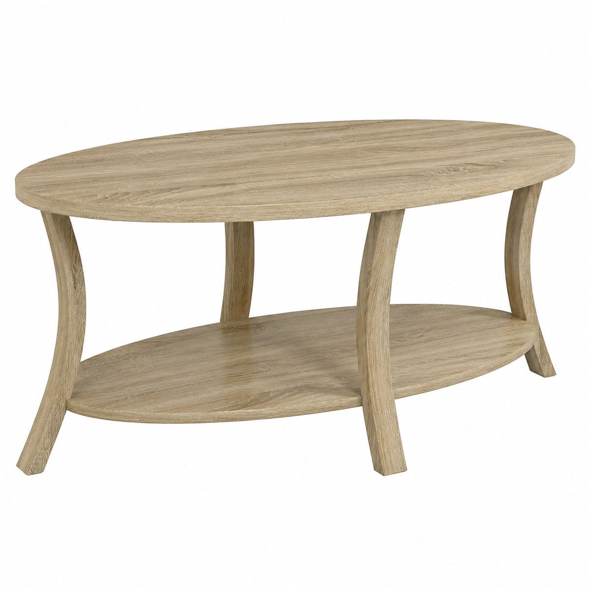 Couchtisch – 111 × 60,5 × 47 cm, ovale Form, mit Ablagen, aus Eichenholz und Holz, für Wohnzimmer und Büro