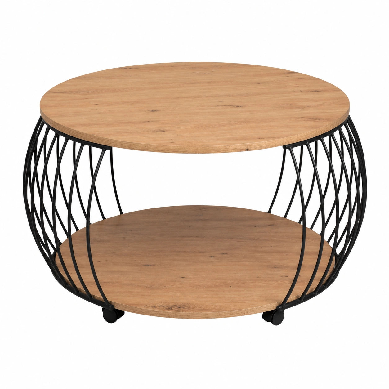 Couchtisch – Ø 80 cm, mit Rollen, aus Eichenholz und Metall, Artisan-Eiche und Schwarz